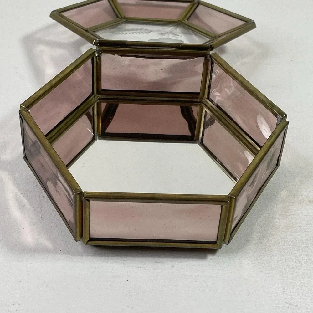 Vintage Purple Glass Jewelry Box Etched Flower Mirrored Brass Base Hexagon